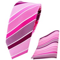 Schmale Tigertie Krawatte + Einstecktuch Rosa Magenta Pink Lila Weiß Gestreift