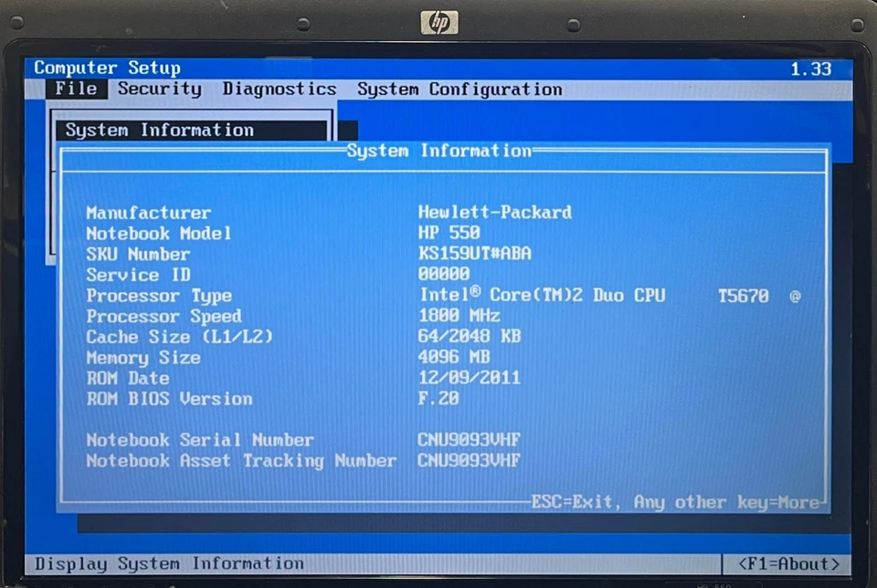 HP 550 HSTNN-I54C 15.4" Laptop Core 2 Duo T5670 4GB RAM Boots To Bios No HDD/OS - Image 2 of 4