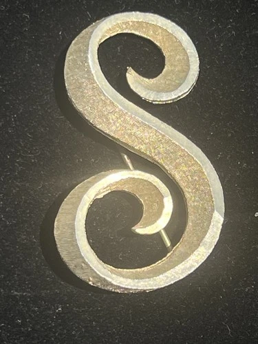 Vintage MAMSELLE Initial Letter S Script Brooch Pin Silver Tone 1 3/4”