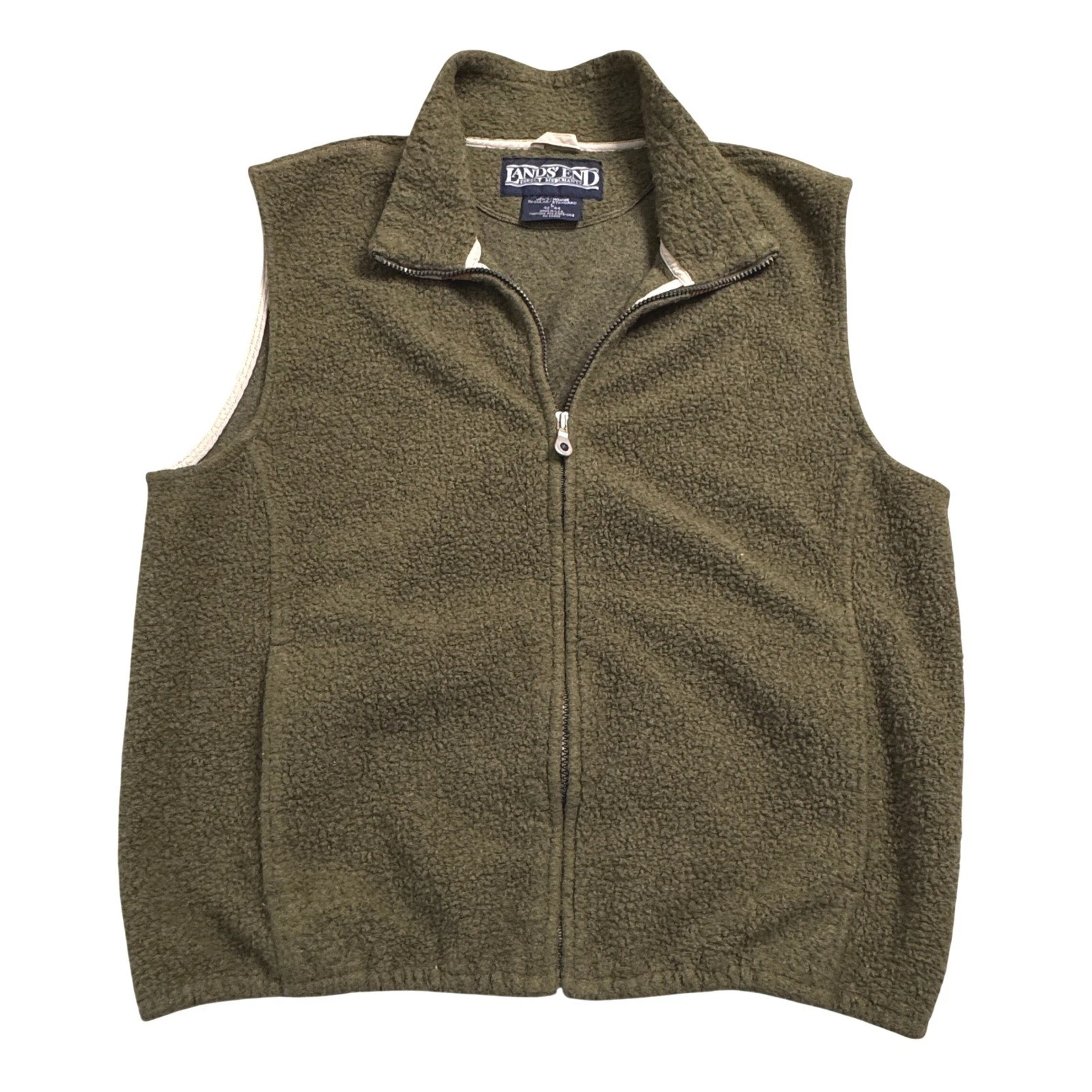 Vintage Lands End Mens Fleece Vest Olive Green Full Zip Size Large
