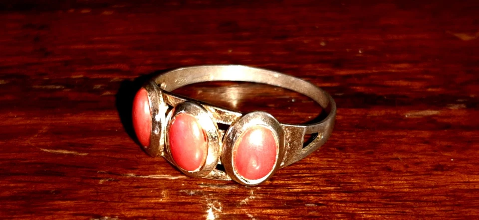 Anello Trilogy- Argento -corallo Cabochon- Vintage - Immagine 4 di 4