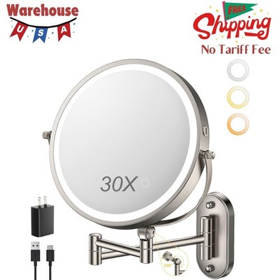 9'' Wall Mounted Lighted Makeup Mirror,4000mAh Rechargeable Double Sided 1X/30X