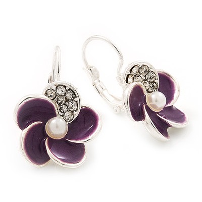 Kleine lila Emaille Diamant ''Blume'' Ohrhänger in Silberoptik - 2,5 cm