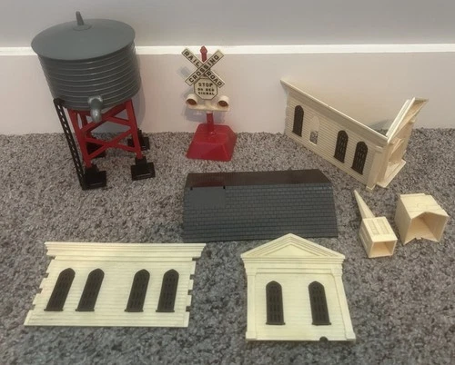 VINTAGE Marx Plastic Toys Church Steeple + Water Tower #65 + Railroad Crossing!