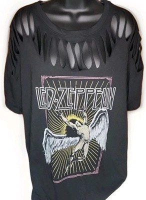 Official Led Zeppelin Brand Women's Black Icarus Logo Slashed T Shirt Size 1