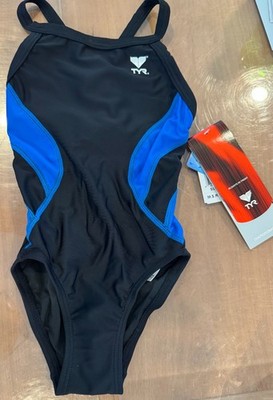 TYR Girls' Youth Size 20 Black Blue Swim Suit Durafast Diamondfit USA Made New