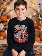 Cat Jack Boys Black Halloween Skeleton Graphic Long Sleeve Tee Crew Neck 10