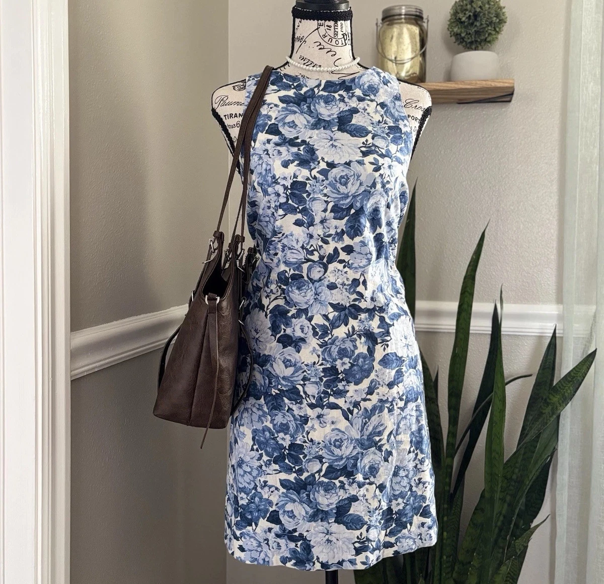 knee length dresses for ladies Linen Shift Dress-Navy Embrodiery