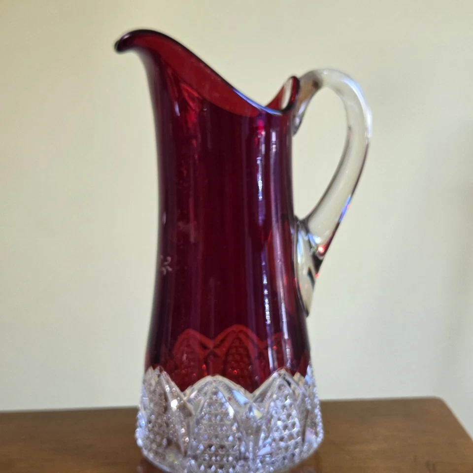 Antique Souvenir Large Ruby Flash Glass Water Tankard Pitcher "Eva 1905" 11 3/4" - Image 2 of 4