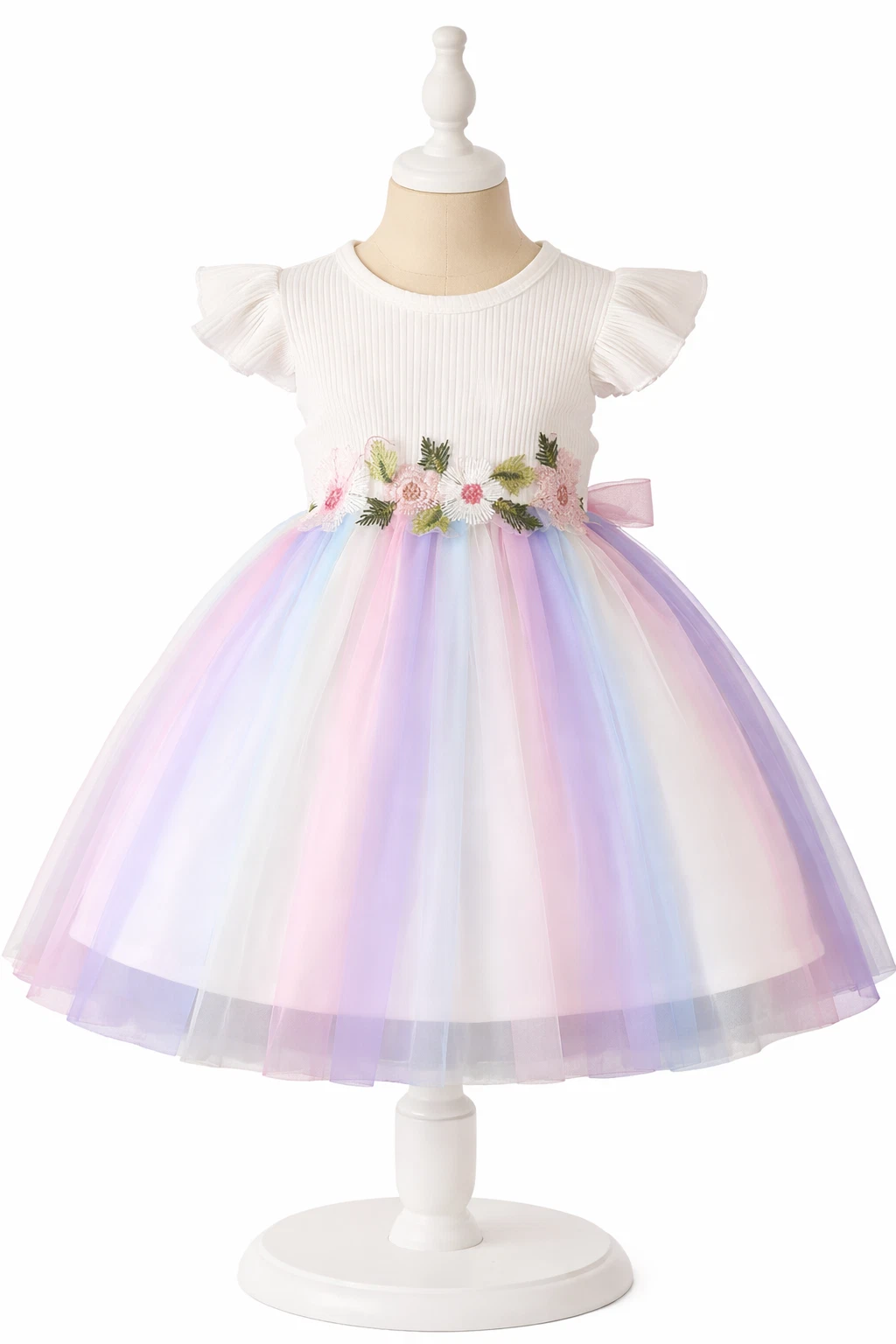 Girls Rainbow Tulle Dress White Ribbed Top Floral Applique Party Birthday Dress