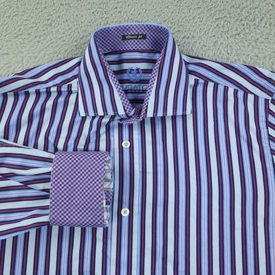 Bugatchi Uomo Shirt Mens Medium Blue Purple Striped Classic Fit Cotton Dress