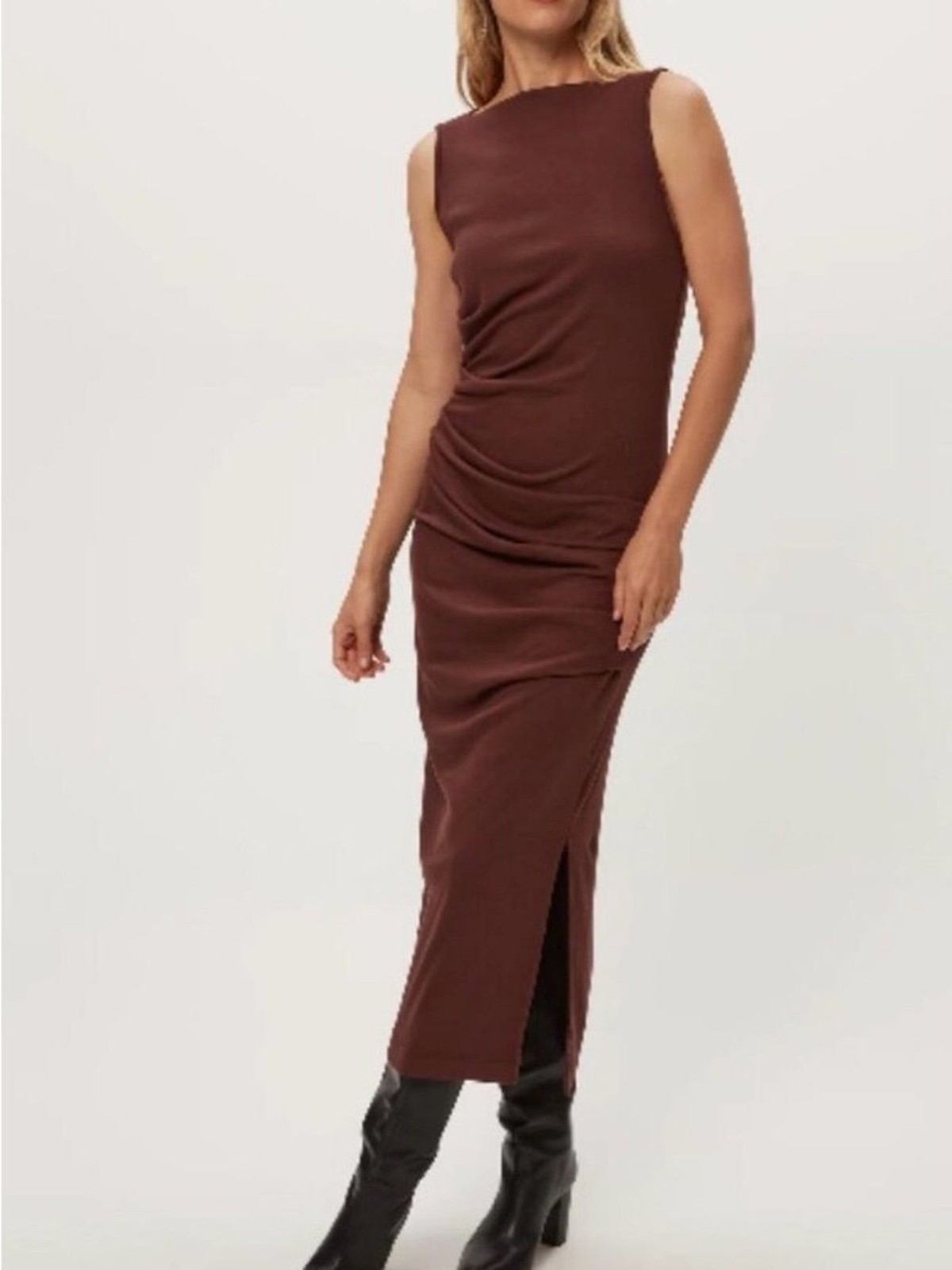 Michael Stars Reign Ruched Ribbed Midi Dress Espresso Brown Size Large EUC