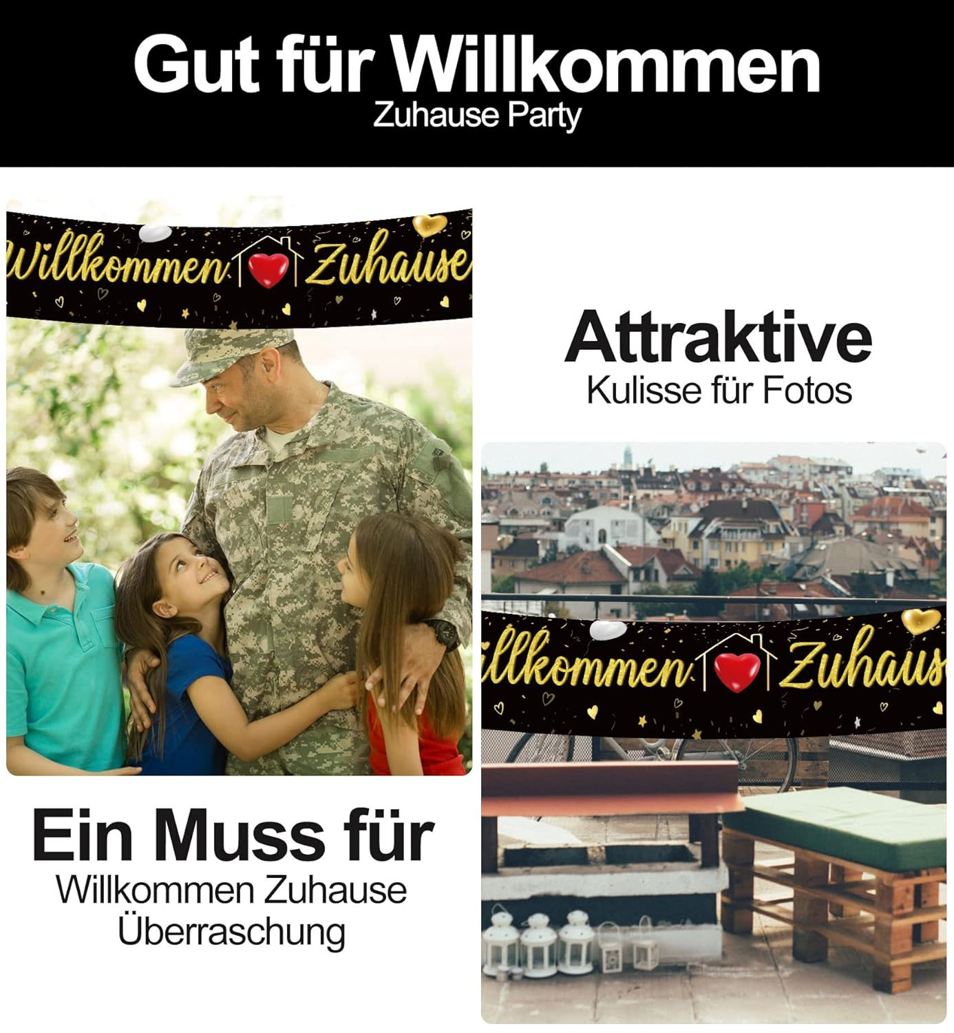 CPRNQY Welcome Home Banner – Willkommens-Deko Für Heimkehr-Party In Schwarz-Rot Mit Herzen