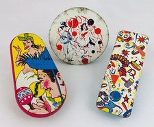 3 Vintage US Metal Toy Tin Noisemaker With Plastic Handle Clown Balloons Couple