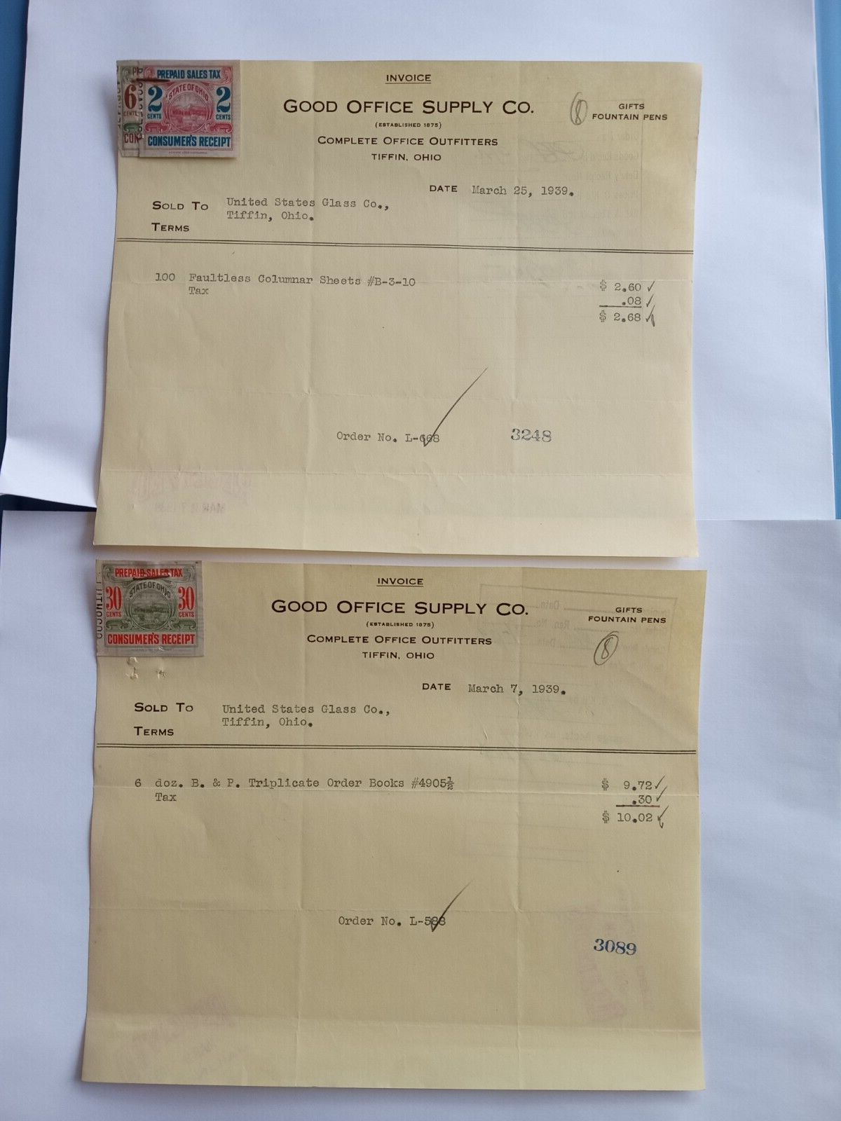 2 TIFFIN GLASS OHIO EPHEMERA 1939 INVOICE SALES TAX STAMPS ORDER BOOKS+