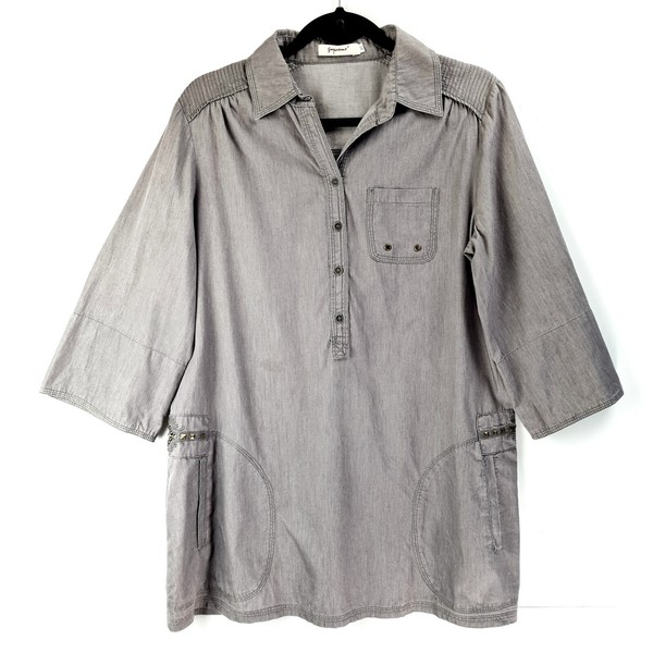 Supreme Ladies Grey  Mini Shirt  Dress 3/4 Sleeves A Line Stud Detail Size 14-16