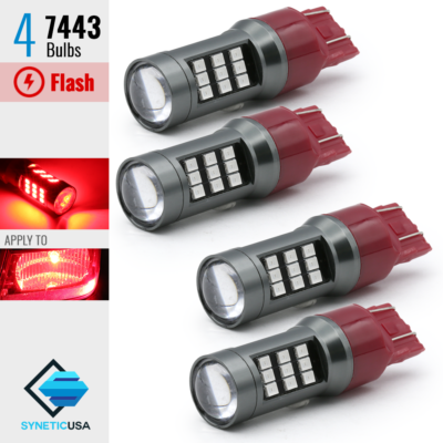 2x 7443 Bright Red Flash Strobe Rear Safe Alert Brake Tail Stop LED Lights Bulbs