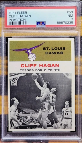 1961 Fleer Basketball #53 CLIFF HAGAN In Action PSA 7 ST LOUIS HAWKS HOF Vintage