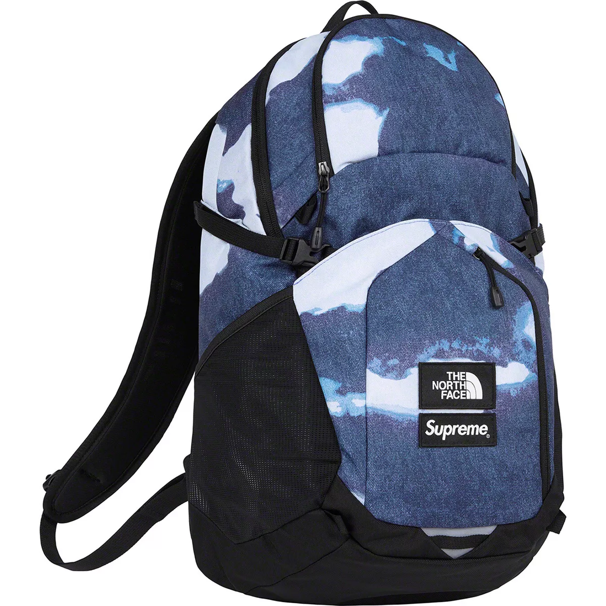 SUPREME X THE NORTH FACE TNF BLEACHED DENIM PRINT POCONO BACKPACK INDIGO BLUE