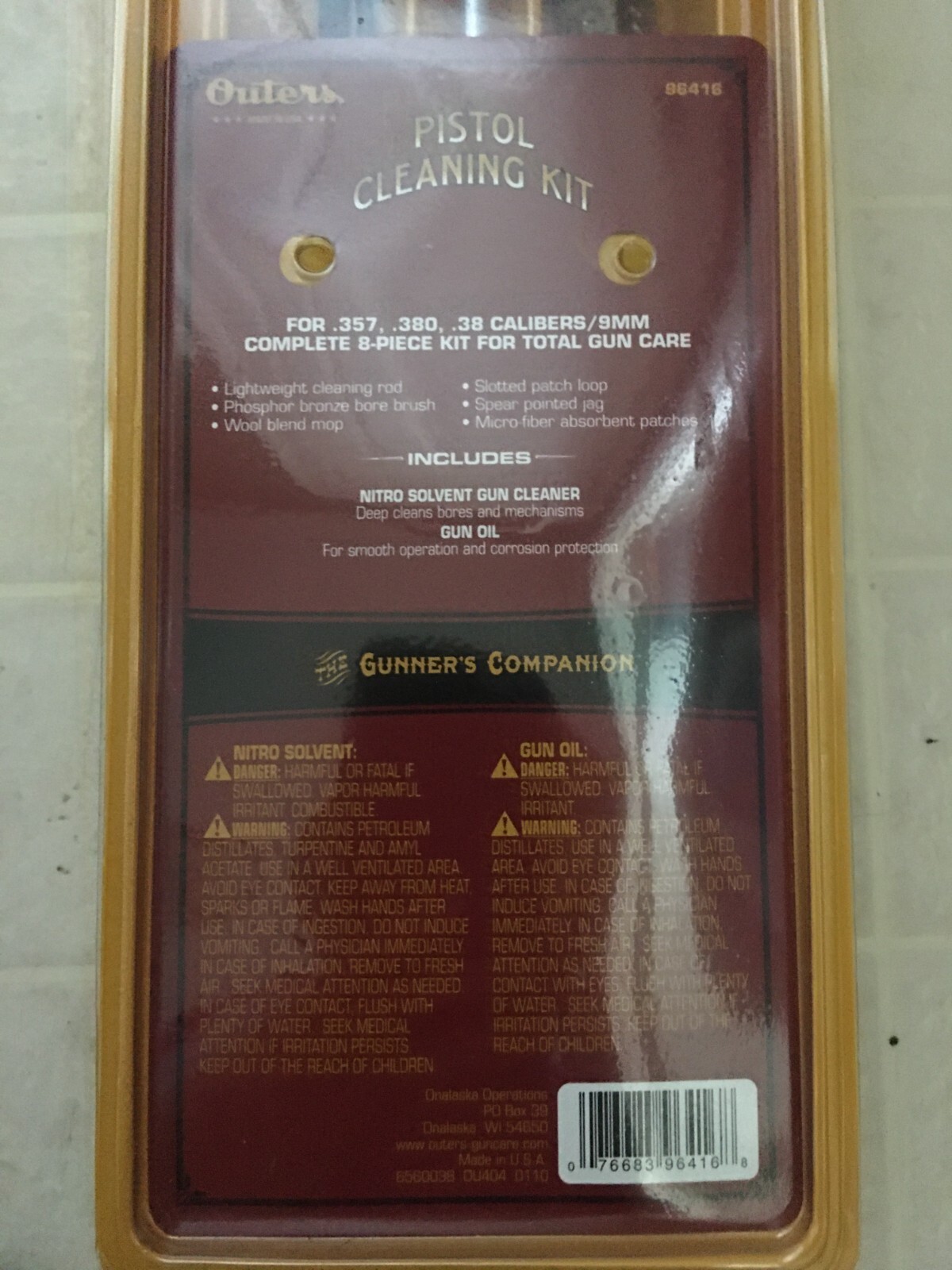 Outers Pistol Cleaning Kit For .357, .380,.38 Calibers/9mm 8piece for