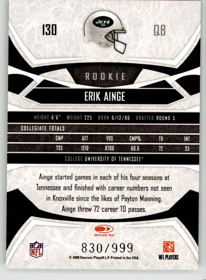 Erik Ainge 2008 Donruss Gridiron Gear 130 #/999 New York Jets Rookie - Image 2 of 2