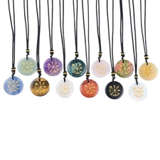 3PCS 30mm Gemstone Disc Pendant Necklace Adjustable Rope Craved Gold Pattern-AIM