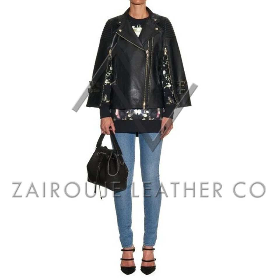 Chaqueta con Capa de Cuero Negra para Mujer, Poncho Estilo Moto con Cremallera y Hebilla Dorada Foto 2 de 4