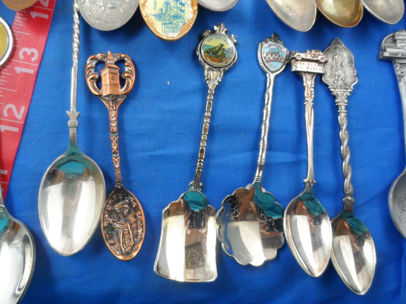 Fresh Souvenir Spoon Lot of 28 -Enamel Bowl, Silverplate, Pewter, Copper, Nice