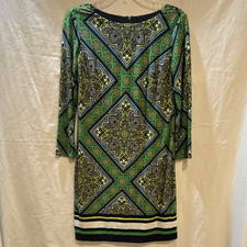 Vince Camuto Green/Blue/Black Geometric Shift Boat Neck Zip Knee 3/4 4