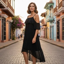 Womens Dress Cold Shoulder Ruffle High Low Textured Overlay Dress Black LargeNEW