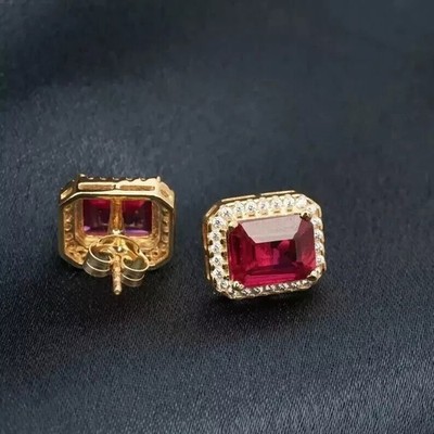 4 Ct Emerald Cut Simulated Red Garnet Halo Stud Earrings 14k Yellow Gold Plated