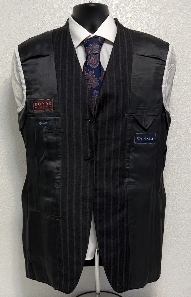 Canali Men’s Suit 40R Black Brown Pinstripe 2 Piece Super 120s Wool Italy Jacket - Image 4 of 4