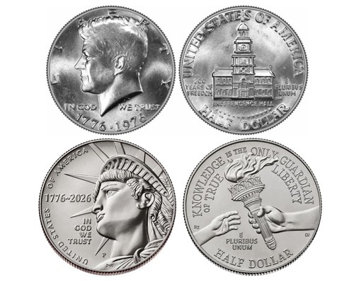 1976 & 2026 Half Dollar - 2 coins- 1 Bicentennial and 1 Semiquincentennial (BU)