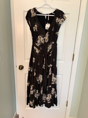 Free People Women’s Floral Maxi Dress Size 4 Black Tiered Belted NWT