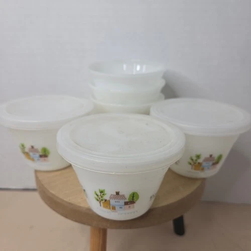 Vintage Indopal Custard Cups Heartland Village Milk Glass Set of 6 w/ 3 Lids