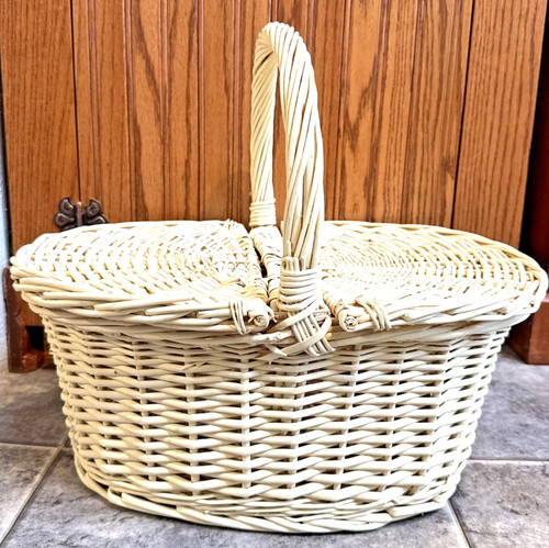 Vintage Painted Wicker Picnic Basket With Center Handle 17” x 13” x 7.5”