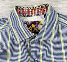 Robert Graham Shirt Mens L Blue Green Striped Classic Button Flip Cuff Geometric