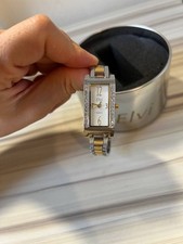 Elvi Watch Women’s Quartz Dress Silver Gold Two-Tone Rectangular Face Crystal