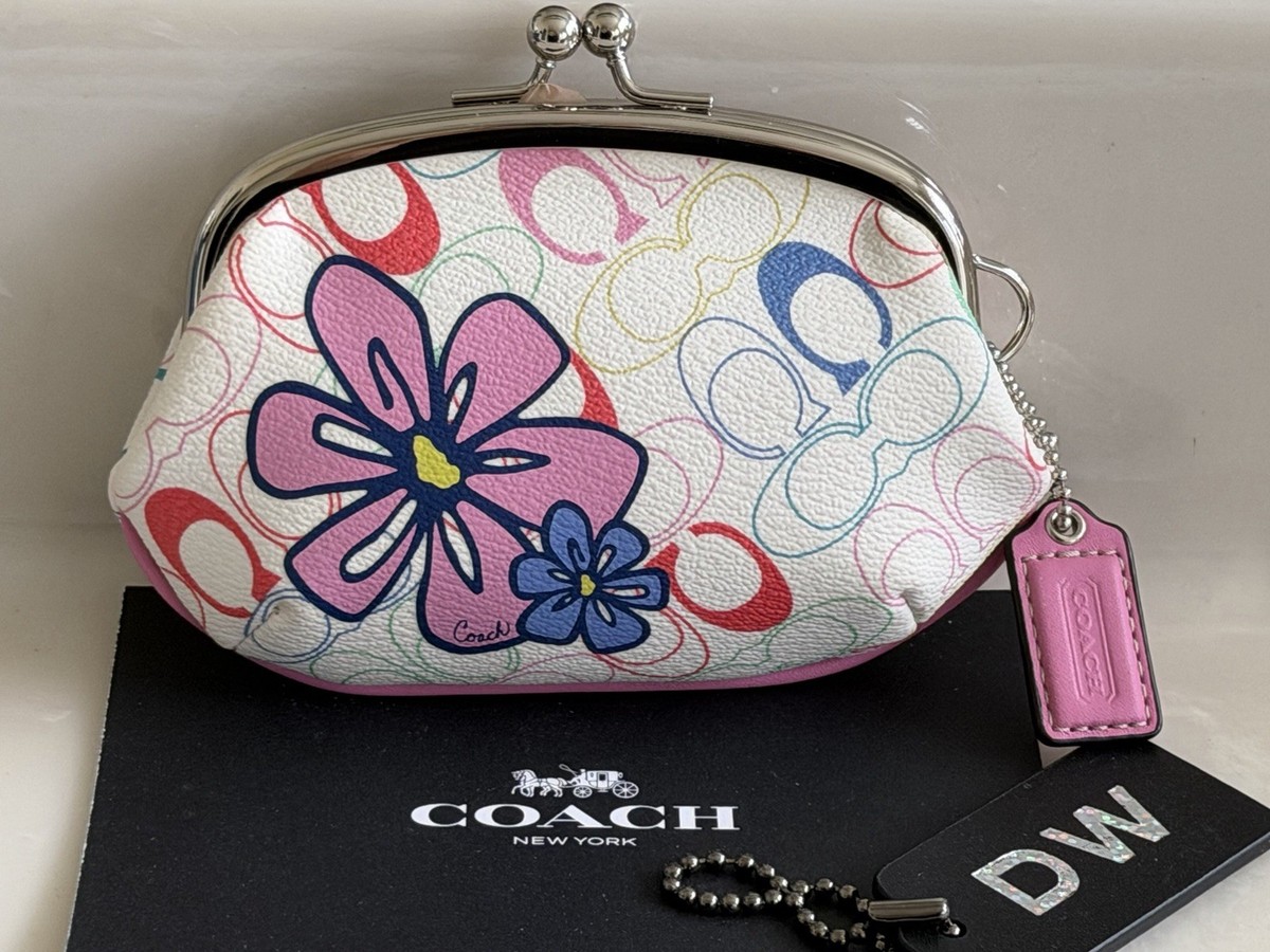 小物 COACH Signature Kisslock Coin Purse Pink COACH PINK/MULTI SIGNATURE FLOWER COATED CANVAS KISSLOCK COIN