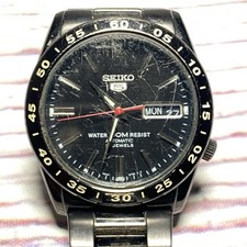 Vintage Mens Seiko 5 Automatic 21 Jewels 50M Black Stainless 7S26 A4 Watch Works