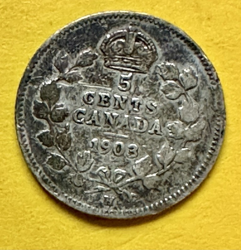 1903-H Canada Edward VII Five Cent. 92.5% Silver. VG-F Condition. Charity. ￼