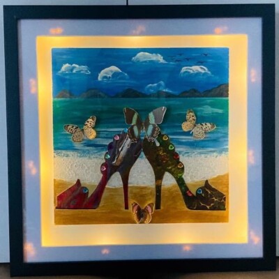 Edles Original Gemälde mit Gegenlichtern/Strandszene/3D Schuhe&Schmetterlinge. 