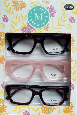 MARTHA STEWART 3-PACK PREMIUM READING GLASSES READERS +2.00 NEW AUTHENTIC