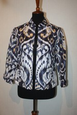 Chico's Sz 1 Abstract Print Linen Blend Open Crop Jacket Top Cover 3/4 Sleeve