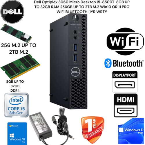 Dell OptiPlex 3060 MICRO DESKTOP PC COMPUTER I5 8TH GEN UP TO 32GB UP TO 2TB M.2 - Picture 1 of 5