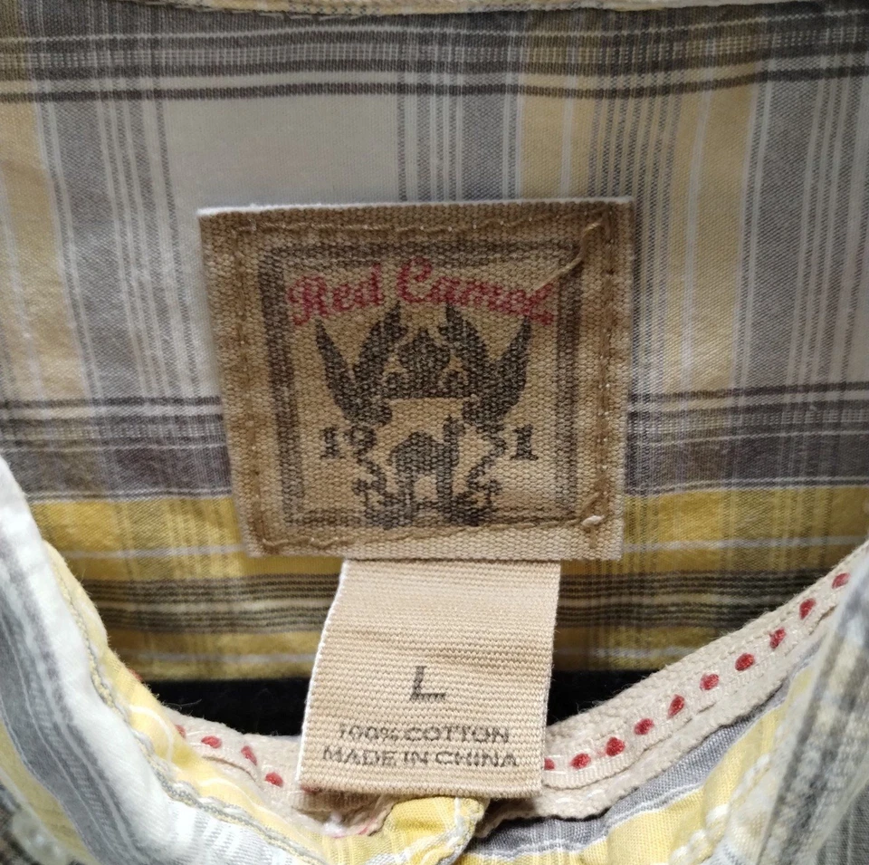 Camisa roja camel para hombre L algodón cuello abotonado manga larga amarillo gris a cuadros Foto 4 de 4