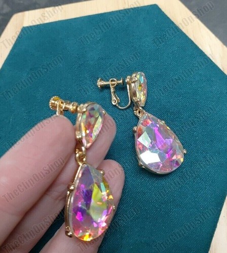 CLIP ON Retro 4cm RAINBOW CRYSTAL Drop EARRINGS AB Gold Tone Vintage Style - Picture 5 of 23