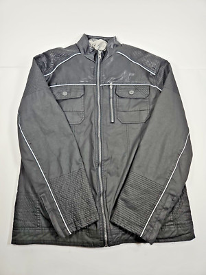 Buckle Black Faux Leather Jacket. Men's Size L. Zip Out Hoodie Liner. 