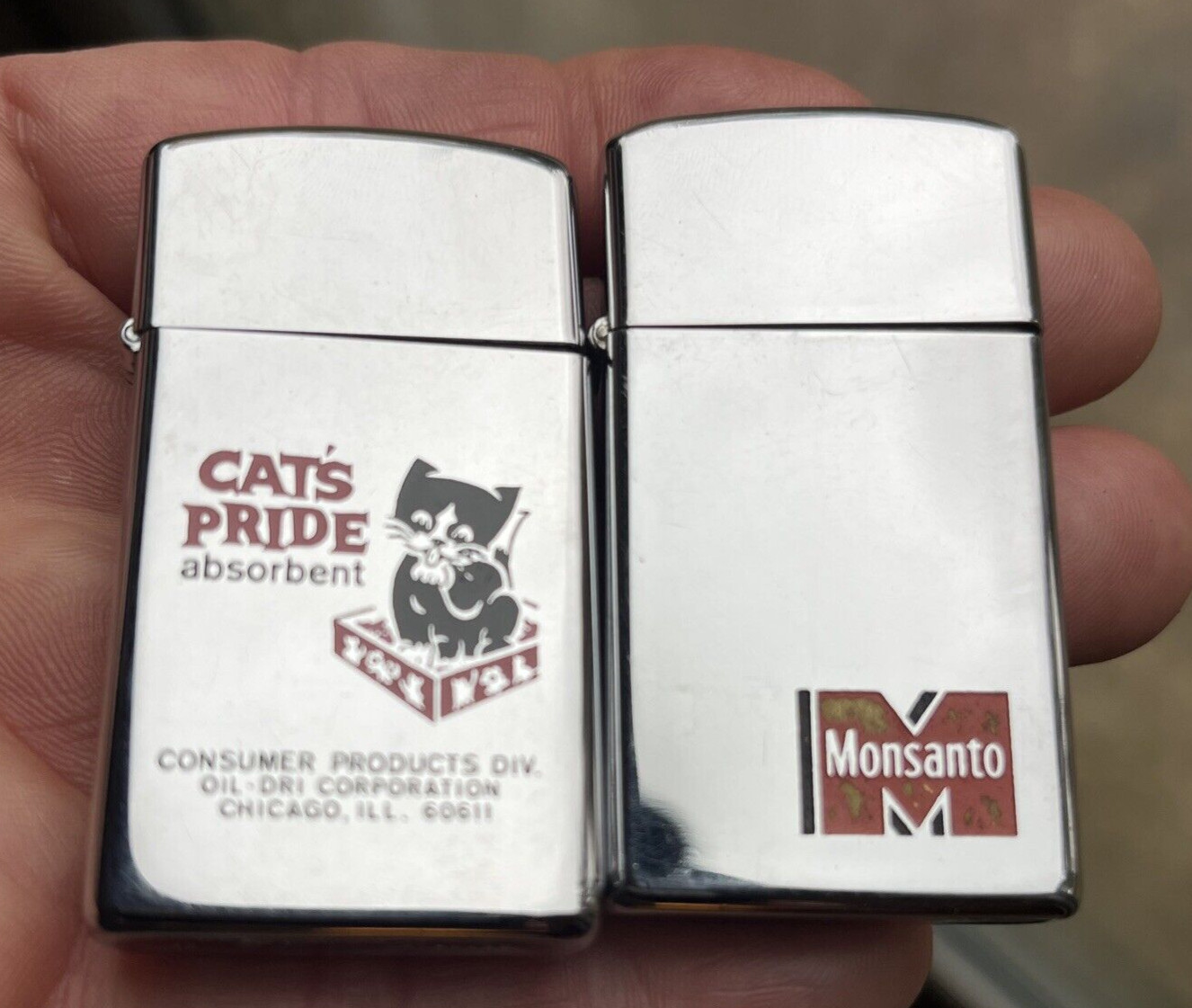 Lot of 2 Vintage Slimline Advertising Zippo Lighters, Cat's Pride & Monsanto