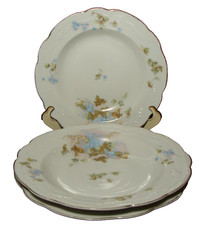 Set of 3 Antique Merkelsgrun Porcelain Rimmed Soup Bowls Blue Flowers 1912-1918